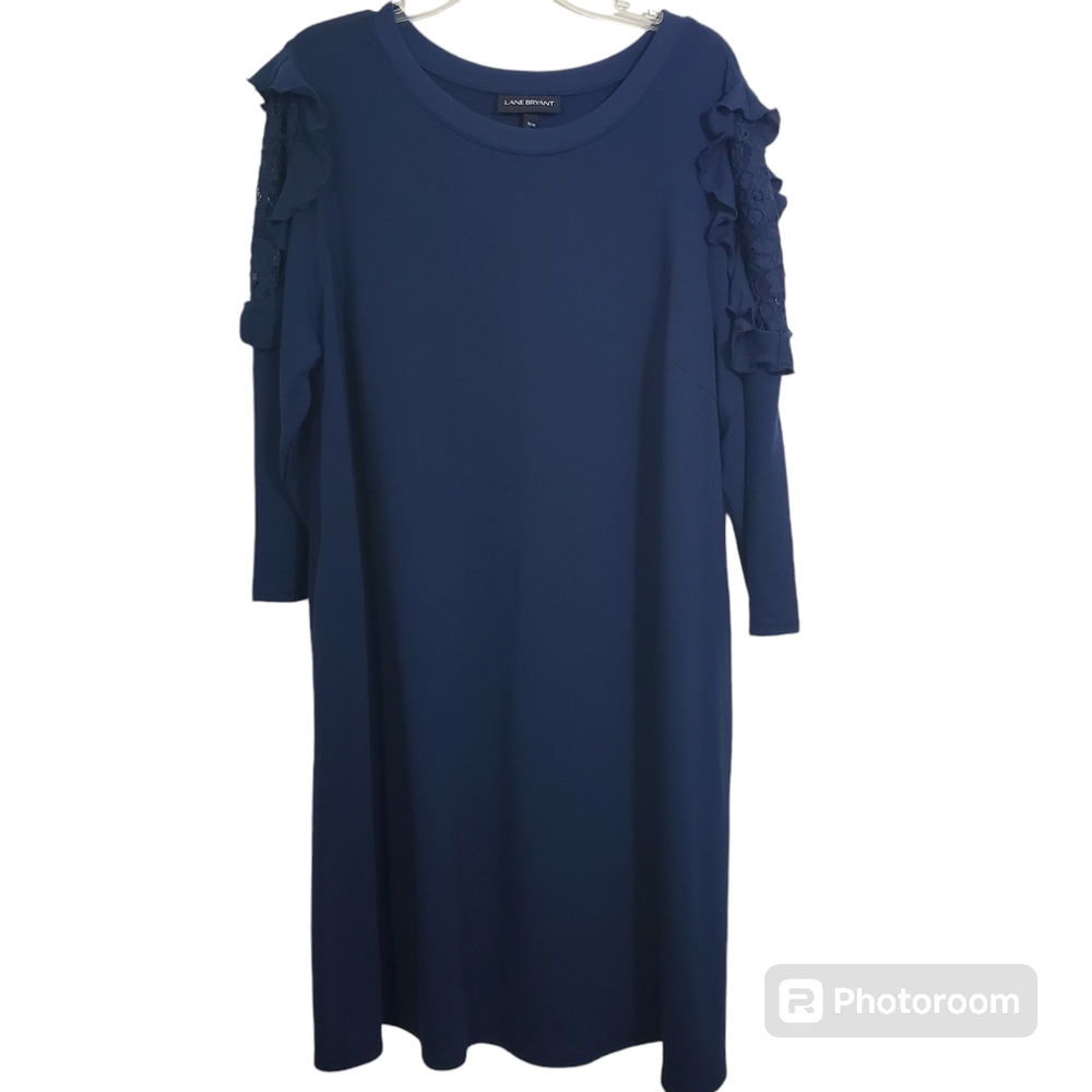 NWT Lane Bryant Dress Navy Blue Jersey Knit Lace Ruffle Sleeve Boho Size 18 20
